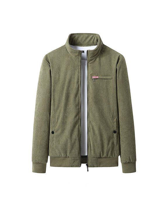 Men's Jacket Corduroy Shearling Lined Stand Collar Zipper Long Sleeve Solid Color Casual Thick with Pockets Hoodless