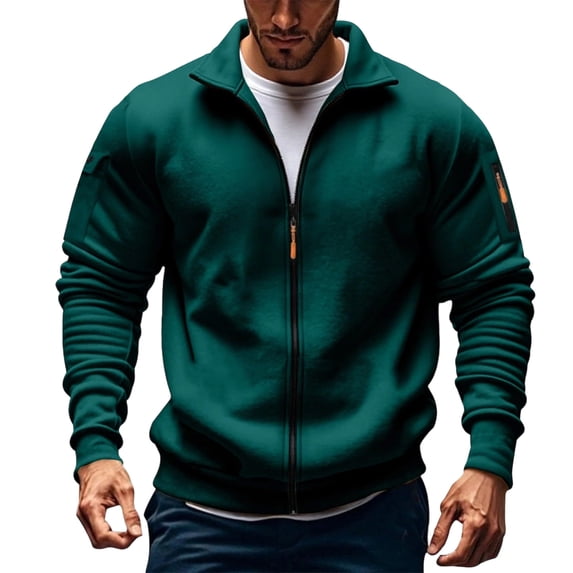 Zpanxa Men's Jacket Fleece Lined Stand Collar Zipper Long Sleeve Solid Color Thick with Pockets Casual Hoodless