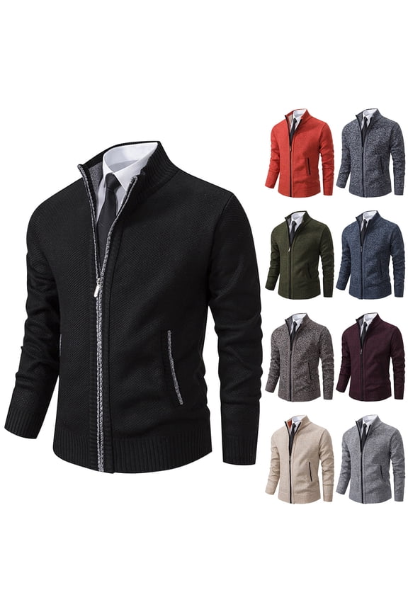 Men's Mandarin Collar Fleece Sweater Coat Solid Color Knitted Thermal Long Sleeve Zipper Front Lightweight Streetwear Fall Winter