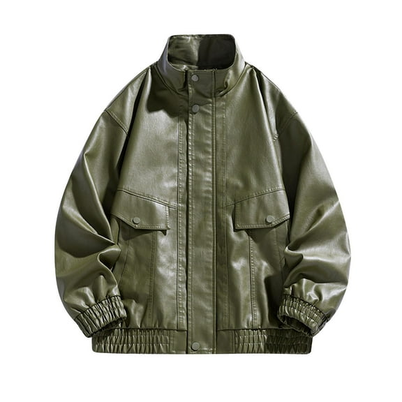 Zpanxa Men's Motorcycle Leather Jacket Biker Style Zipper Closure Stand Collar Long Sleeve Coat with Pockets for Riding Protection and Windproof Comfort in Solid Color Army Green XXL