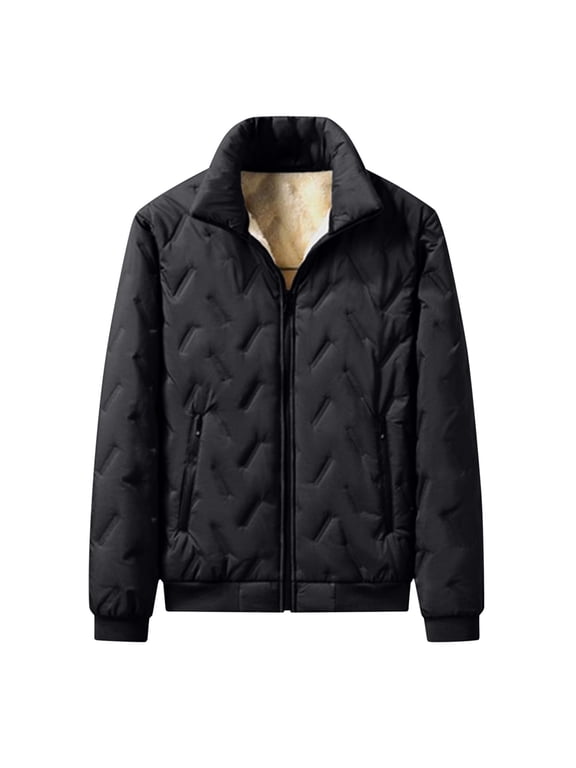 Men's Premium Lamb Wool Jacket Heavyweight Stand Collar Thermal Insulated Long Sleeve Coat with Secure Pockets for Urban Winter Wear in Solid Color Black L