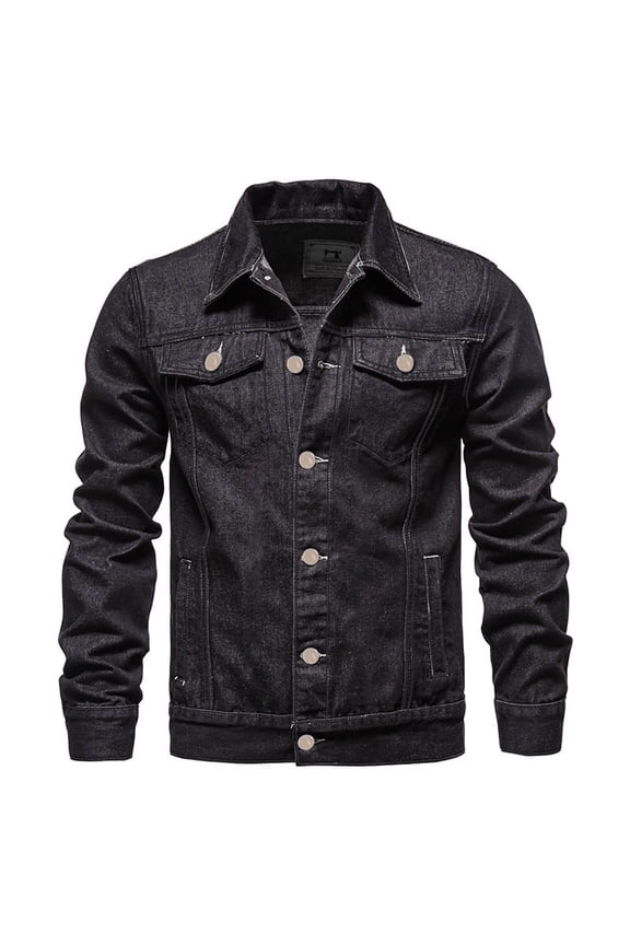 Men's Slim Fit Denim Work Jacket Solid Color with Button Pockets, Fashion Casual Coat for Urban Utility Style Black 4XL