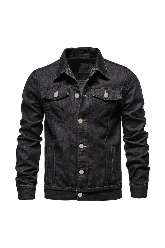 Men's Slim Fit Denim Work Jacket Solid Color with Button Pockets, Fashion Casual Coat for Urban Utility Style Black XXL