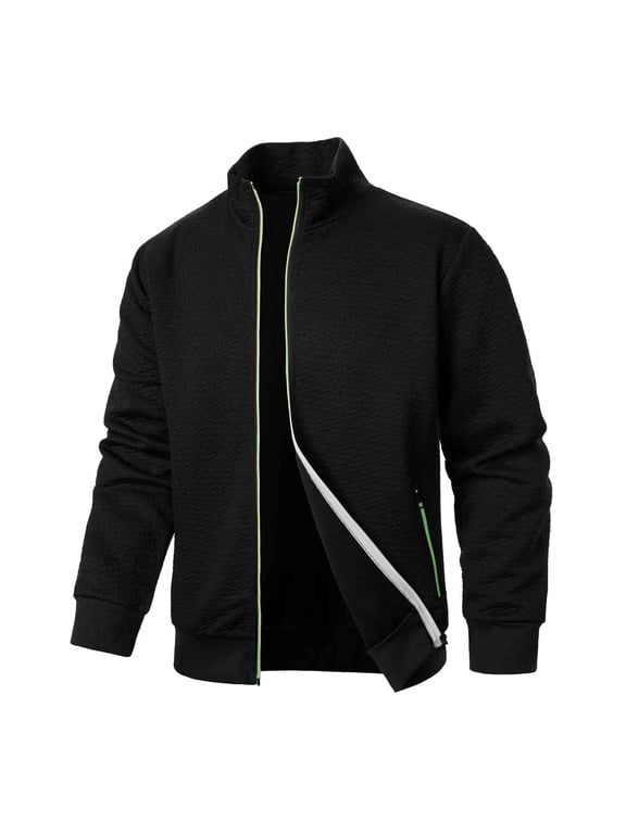 Men's Stand Collar Cardigan Jacket Zipper Front Long Sleeve Lightweight Polyester Blend Versatile Coat for Urban Commute and Daily Wear in Solid Color Black M
