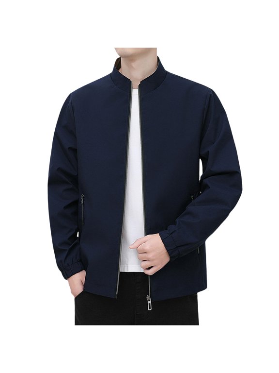 Men's Stand Collar Casual Jacket Long Sleeve, Modern No-Hat Design Coat for Urban Smart Style Blue M