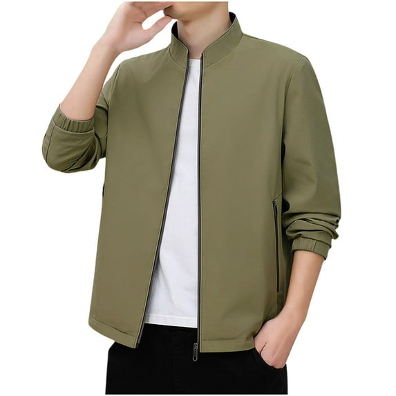 Zpanxa Men's Stand Collar Casual Jacket Long Sleeve, Modern No-Hat Design Coat for Urban Smart Style Khaki 4XL