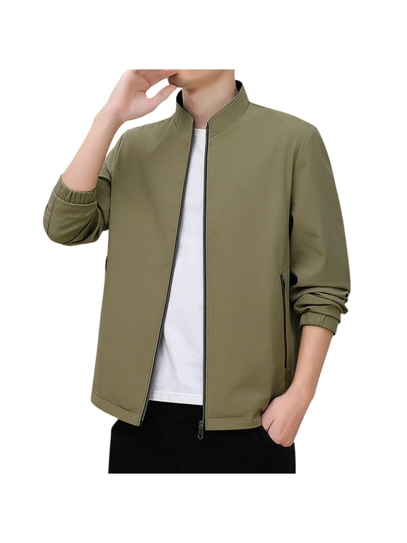 Men's Stand Collar Casual Jacket Long Sleeve, Modern No-Hat Design Coat for Urban Smart Style Khaki M