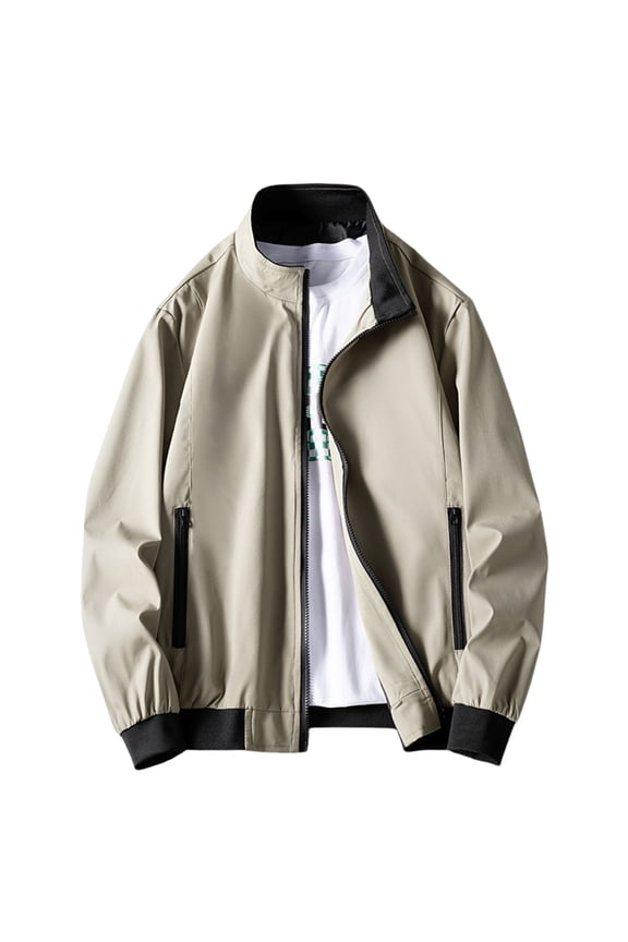 Men's Stand Collar Casual Jacket Solid Color with Front Zipper, Loose Fit Top Coat for Urban Fashion Wear Khaki M