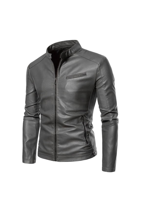 Men's Stand Collar Leather Biker Jacket Plus Size with Quilted Padding, Vintage Motorcycle Coat for Casual Riding Style Gray M