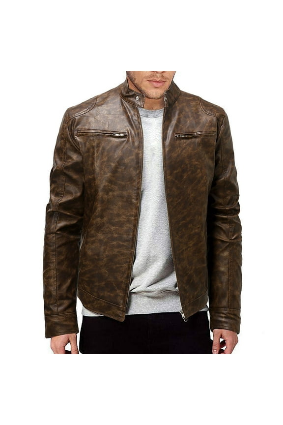 Men's Stand Collar Punk Leather Jacket with Zipper Front, Edgy Cardigan Style Motorcycle Coat for Urban Wear Brown 5XL