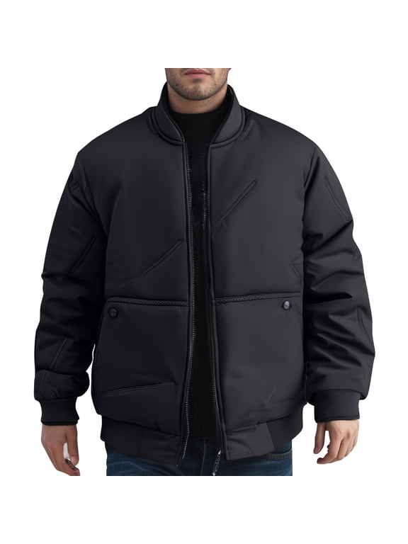 Men's Thermal Fleece Jacket Stand Collar Windproof Zipper Front Long Sleeve Coat with Thick Insulation and Secure Pockets for Outdoor Winter Wear Black 3XL