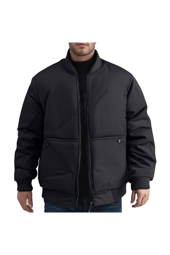 Men's Thermal Fleece Jacket Stand Collar Windproof Zipper Front Long Sleeve Coat with Thick Insulation and Secure Pockets for Outdoor Winter Wear Black 5XL