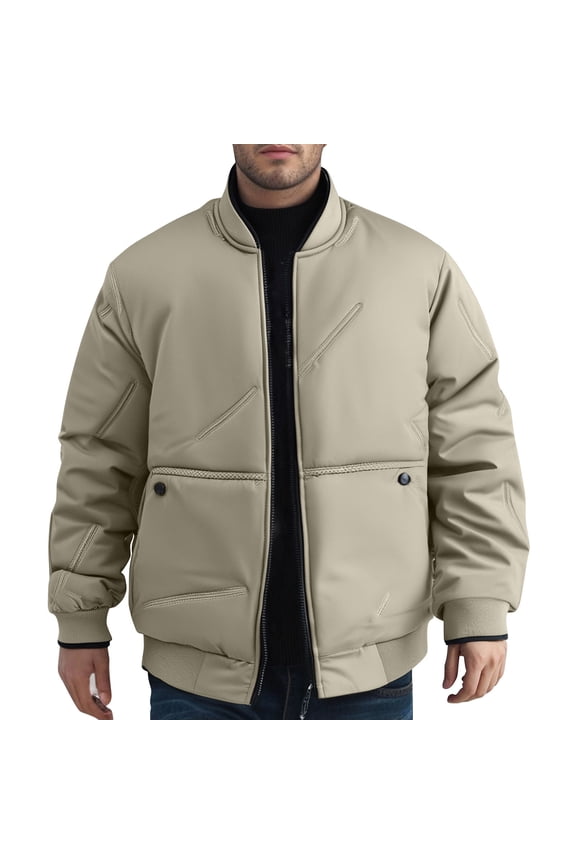Men's Thermal Fleece Jacket Stand Collar Windproof Zipper Front Long Sleeve Coat with Thick Insulation and Secure Pockets for Outdoor Winter Wear Khaki M