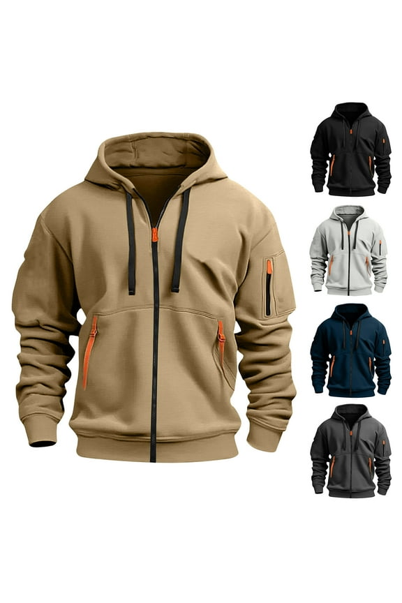 Men's Training Jacket with Cargo Pockets Hooded Solid Color Multi-Pocket Design Long Sleeve Athletic Fitness Coat for Gym Workouts