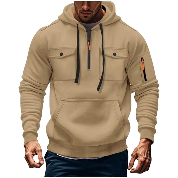 Zpanxa Men's Utility Hoodie Cargo Design with Multiple Pockets Heavy Duty Training Jacket Moisture Wicking Fitness Hooded Sweatshirt for Outdoor Sports