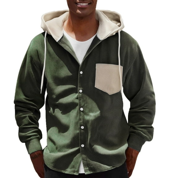 Zpanxa Men's Utility Jacket with Adjustable Drawstring Hood Button Front Closure and Multiple Pockets for All-Season Urban Outdoor Wear in Solid Color Army Green 3XL