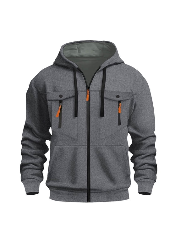 Men's Utility Zip Hoodie Multi Pocket Design Heavy Duty Cotton Blend Pullover Hooded Sweatshirt Workwear Carpenter Style Jacket