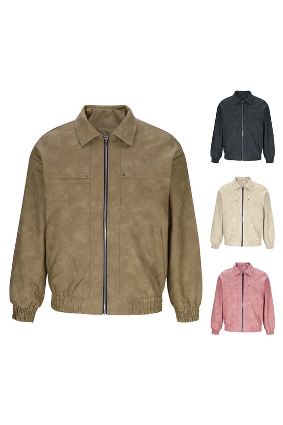 Men's Vegan Leather Jacket Stand Collar Windproof Zippered Pockets Long Sleeve Slim Fit Coat for Urban Riding