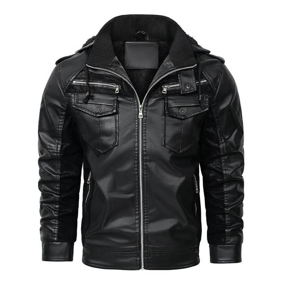 Zpanxa Men's Velvet Lined Leather Jacket Solid Color with Zipper Pocket, Winter Warm Long Sleeve Hooded Biker Coat Black 4XL