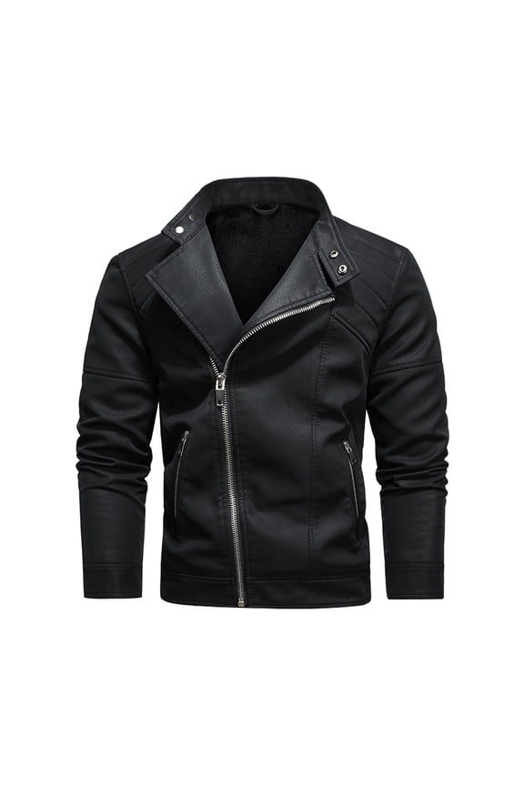 Men's Vintage Motorcycle Leather Jacket Solid Color with Zipper Pockets and Velvet Lining, Long Sleeve Hooded Biker Coat for Retro Riding Comfort Black XL