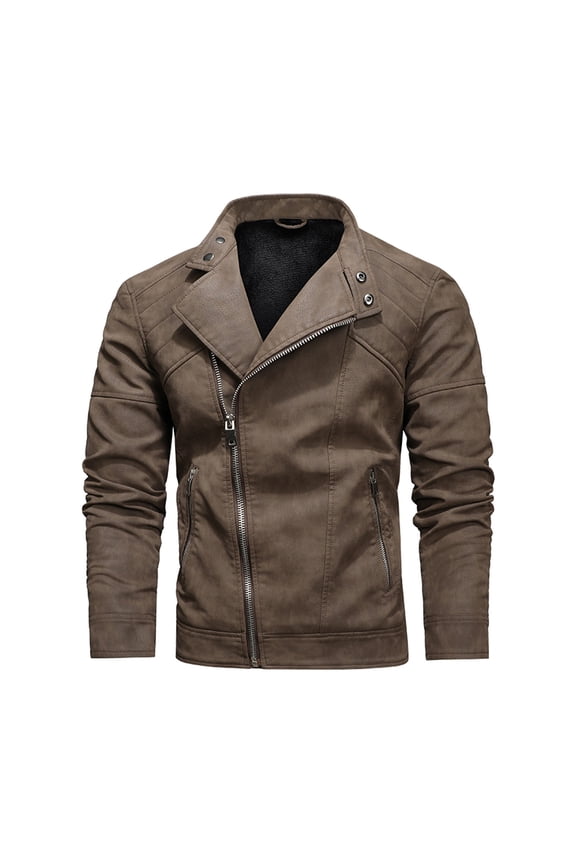 Men's Vintage Motorcycle Leather Jacket Solid Color with Zipper Pockets and Velvet Lining, Long Sleeve Hooded Biker Coat for Retro Riding Comfort Brown L