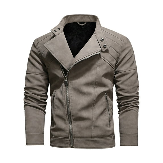 Zpanxa Men's Vintage Motorcycle Leather Jacket Solid Color with Zipper Pockets and Velvet Lining, Long Sleeve Hooded Biker Coat for Retro Riding Comfort Khaki XXL