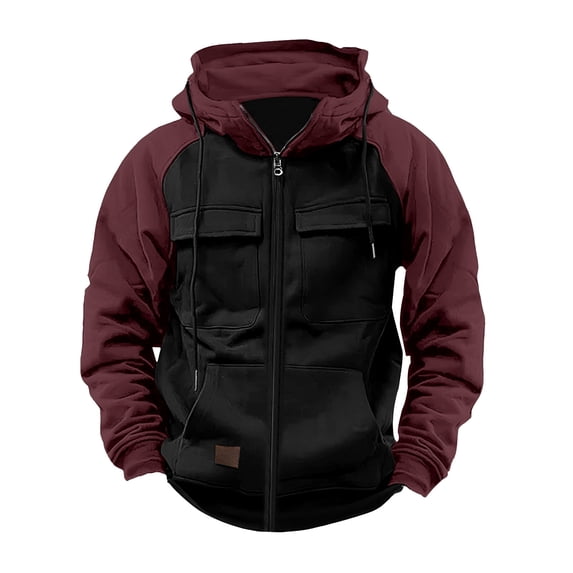 Zpanxa Men's Vintage Workwear Hooded Jacket Color Block with Multi Pockets, Long Sleeve Casual Zipper Coat for Urban Outdoor Black 3XL