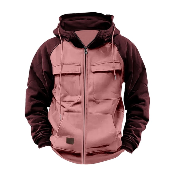 Zpanxa Men's Vintage Workwear Hooded Jacket Color Block with Multi Pockets, Long Sleeve Casual Zipper Coat for Urban Outdoor Pink 3XL