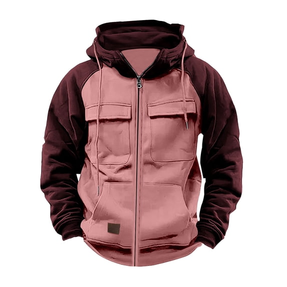 Zpanxa Men's Vintage Workwear Hooded Jacket Color Block with Multi Pockets, Long Sleeve Casual Zipper Coat for Urban Outdoor Pink XL