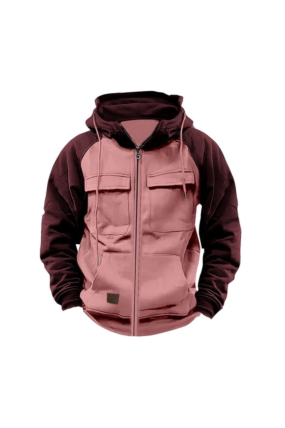 Men's Vintage Workwear Hooded Jacket Color Block with Multi Pockets, Long Sleeve Casual Zipper Coat for Urban Outdoor Pink XL