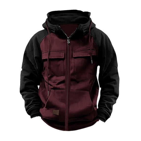 Zpanxa Men's Vintage Workwear Hooded Jacket Color Block with Multi Pockets, Long Sleeve Casual Zipper Coat for Urban Outdoor Wine M