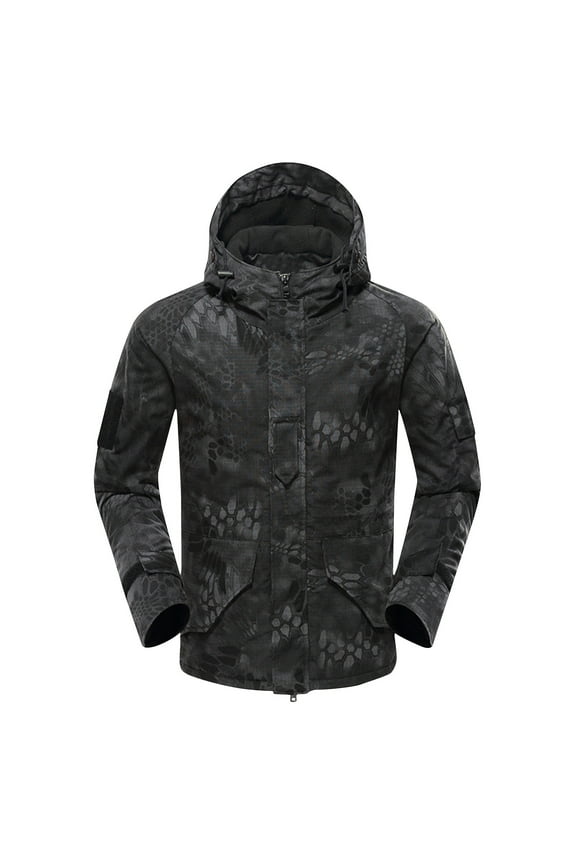 Men's Winter Camo Hooded Jacket Long Sleeve with Zippered Pockets, Insulated Casual Parka for Outdoor Activities Black S