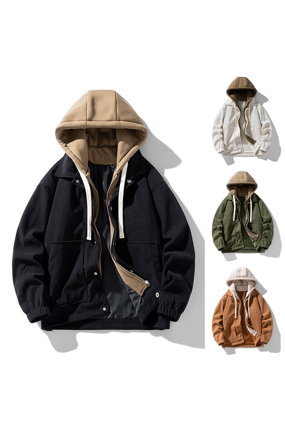 Men's Winter Hooded Jacket Thermal Lined Solid Color with Zippered Pockets Long Sleeve Casual Cold Weather Coat