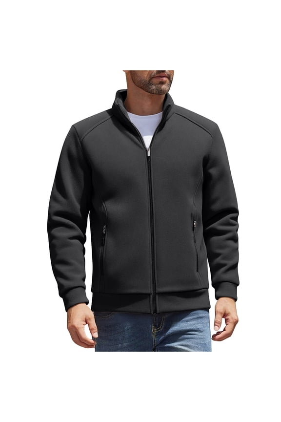 Men's Winter Jacket Wool Blend Long Sleeve Coat with Button and Zipper Closure, Turn-Down Collar, Pockets for Warmth and Wind Protection in Solid Color Black M