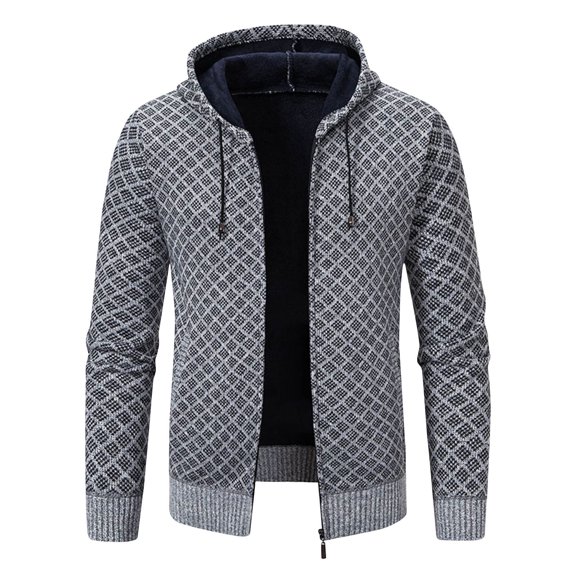 Zpanxa Men's Winter Printed Sweater Jacket Long Sleeve Hooded with Zipper, Casual Insulated Coat for Cold Weather Style Gray L