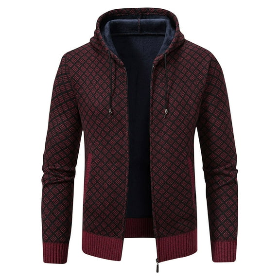 Zpanxa Men's Winter Printed Sweater Jacket Long Sleeve Hooded with Zipper, Casual Insulated Coat for Cold Weather Style Wine L