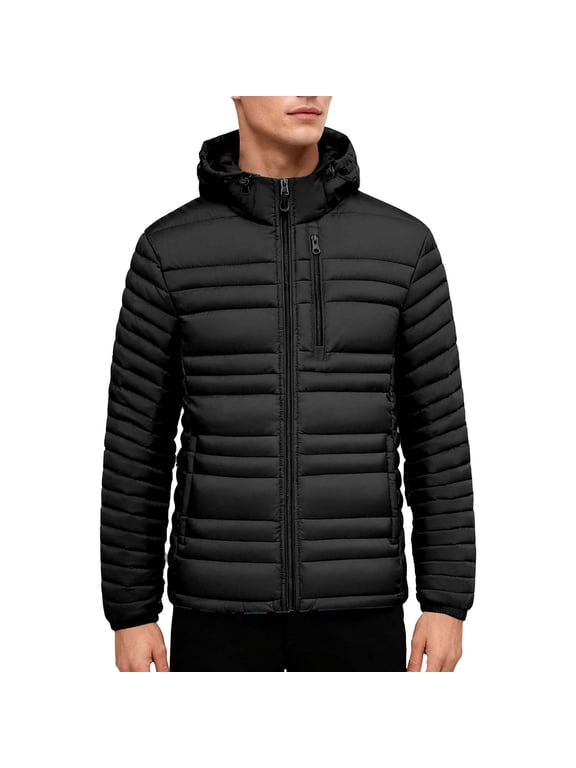 Men's Winter Puffer Coat Hooded Full Zip Fleece Lined Thick Warm Jacket with Detachable Hood and Multiple Zipper Pockets Solid Color Outerwear