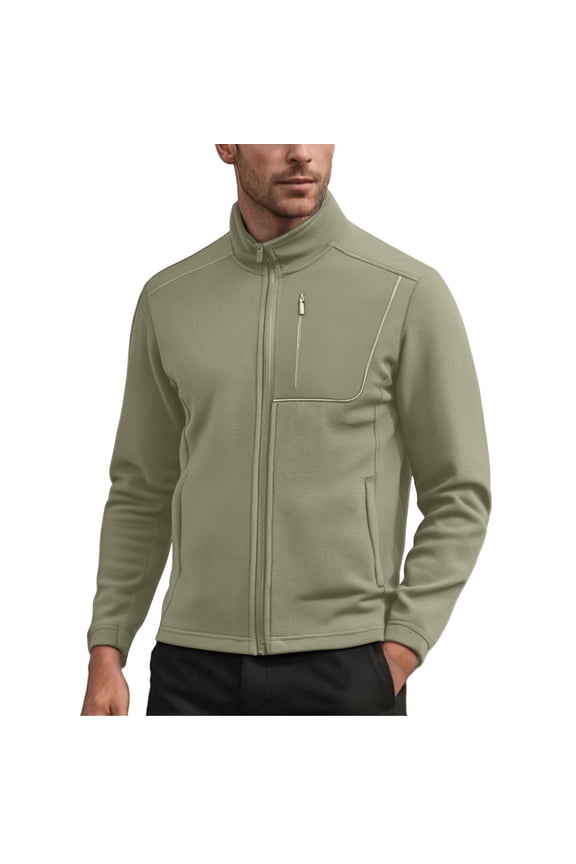 Men's Wool Blend Stand Collar Jacket Zipper Front Cardigan Style Long Sleeve Coat with Pockets for Warm Versatile Urban Wear in Solid Color Army Green M
