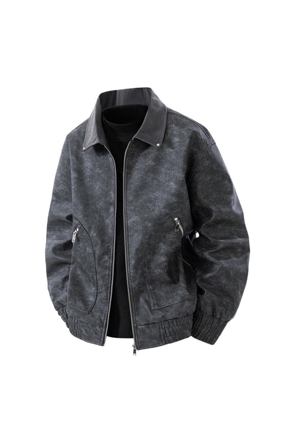 Men's Work Jacket Lapel Collar Zipper Front Cardigan Style Long Sleeve Utility Coat with Pockets for Durable Casual and Functional All-Day Wear Black M