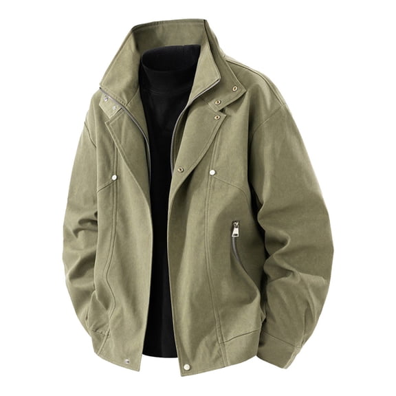 Zpanxa Men's Work Jacket Lapel Collar Zipper Front Cardigan Style Long Sleeve Utility Coat with Pockets for Durable Casual and Functional Wear Army Green XXL
