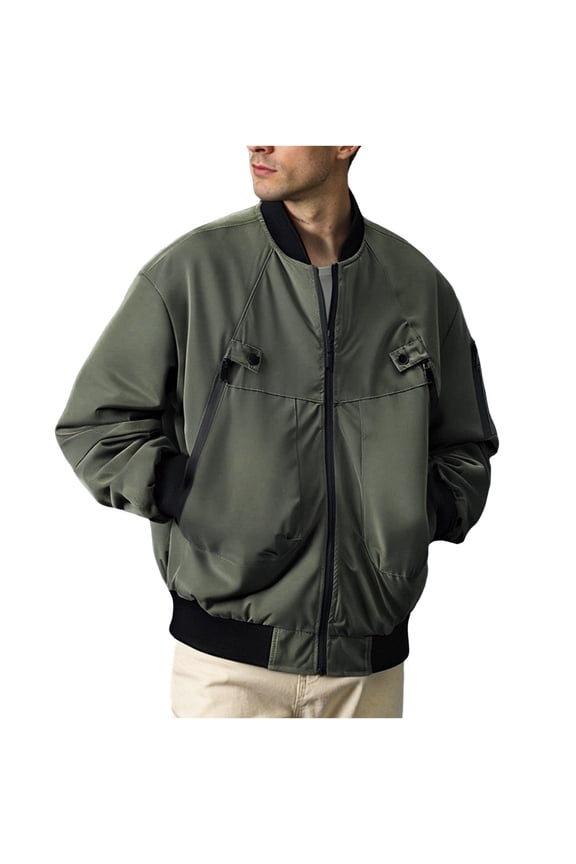 Men's Work Jacket Stand Collar Cardigan Style Long Sleeve Utility Coat with Pockets for Durable Casual and Functional All-Day Wear in Solid Color Army Green M