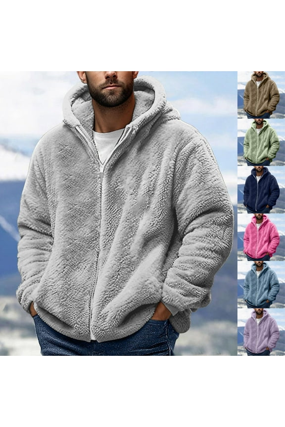 Mens Fleece Jacket Winter Warm Zip Up Hooded Coat Double Sided Solid Color Long Sleeve Pullover Soft Cozy Outerwear for Cold Weather Casual Wear
