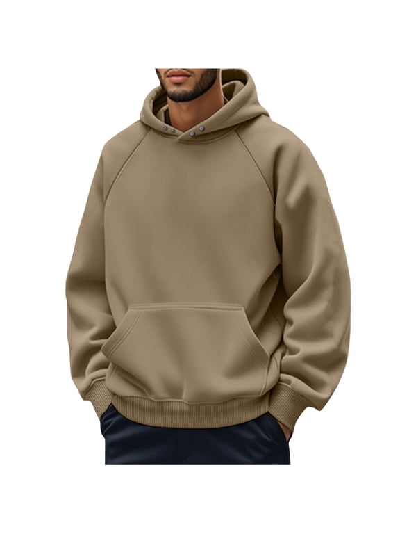 Mens Hoodies Pullover, Snap Button Neck Raglan Sleeve, Kangaroo Pocket Relaxed Fit, Solid Color Casual Sporty Long Sleeve Top