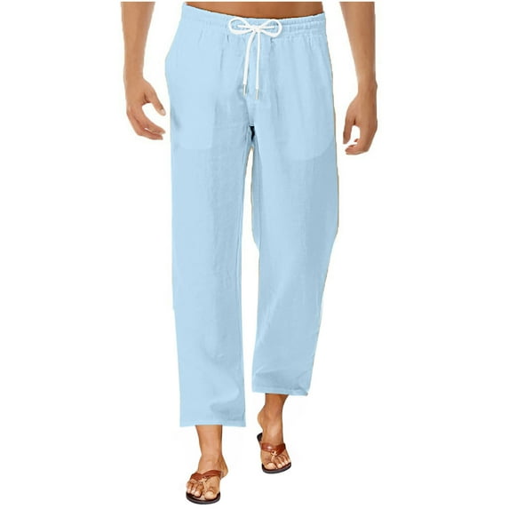 Zpanxa Mens Linen Pants Casual Joggers with Pockets Drawstring Sweatpants Lightweight Work Pants Loose Solid Color Beach Pants Blue 3XL
