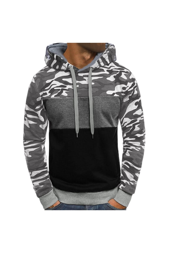 Mens Oversized Hoodies Fashion Patchwork Color Camouflage Pullover Loose Lightweight Sports Long Sleeve Drawstring Hoodie Warm Winter Coats Jackets with Pockets Gray 3XL