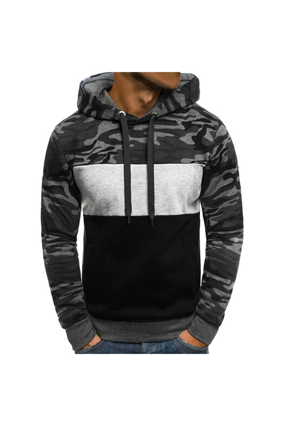 Mens Oversized Hoodies Fashion Patchwork Color Camouflage Pullover Loose Lightweight Sports Long Sleeve Drawstring Hoodie Warm Winter Coats Jackets with Pockets Dark Gray M