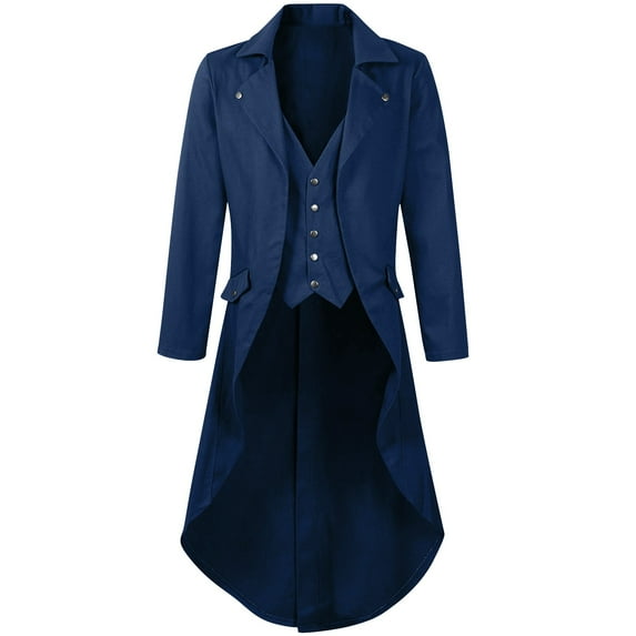 Zpanxa Mens Victorian Steampunk Tailcoat Jacket with Notched Lapel, Gothic Medieval Uniform Coat for Performance and Cosplay, Solid Color Formal Wear Dark Blue L