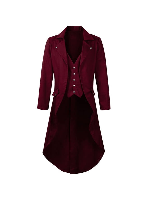 Mens Victorian Steampunk Tailcoat Jacket with Notched Lapel, Gothic Medieval Uniform Coat for Performance and Cosplay, Solid Color Formal Wear Wine XL