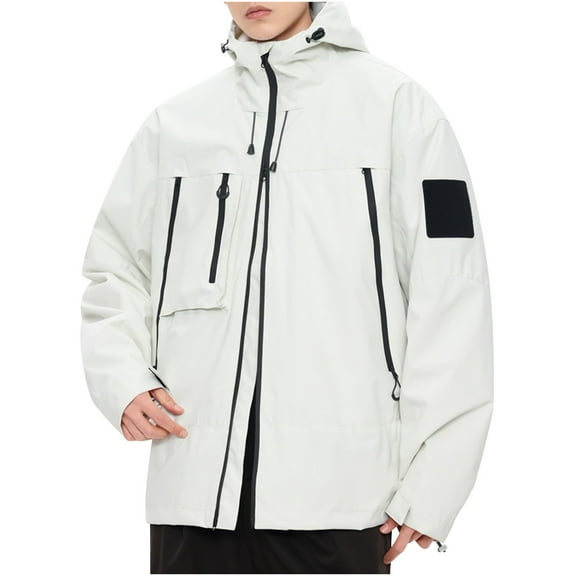 Zpanxa Mens Winter Coats Casual Long Sleeve Fleece Lined Hooded Jacket Loose Fit Workwear Casual Outwear Jackets White S