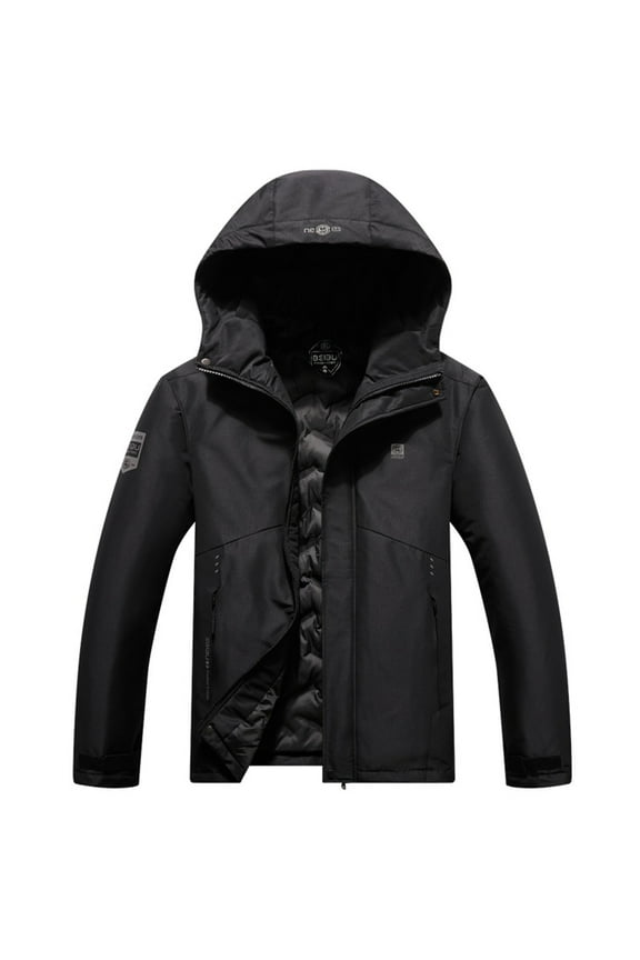 Mens Winter Coats Long Sleeve Zip up Puffer Jacket Solid Color Outdoor Windproof Wetarproof Warm Hooded Ski Suit Coat with Multi-Pocket Black S
